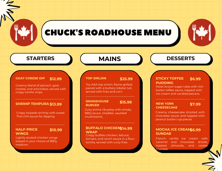 Chuck's Roadhouse Menu with prices